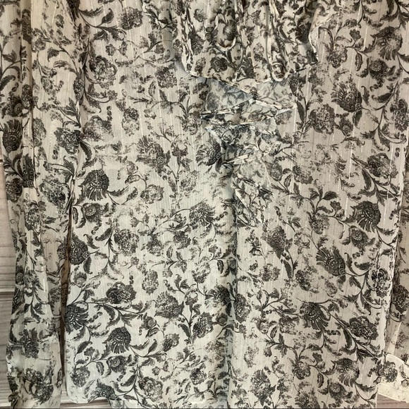 THE Kooples Baroque Print Floral Ruffle Lace Up Top In White - Picture 7 of 14